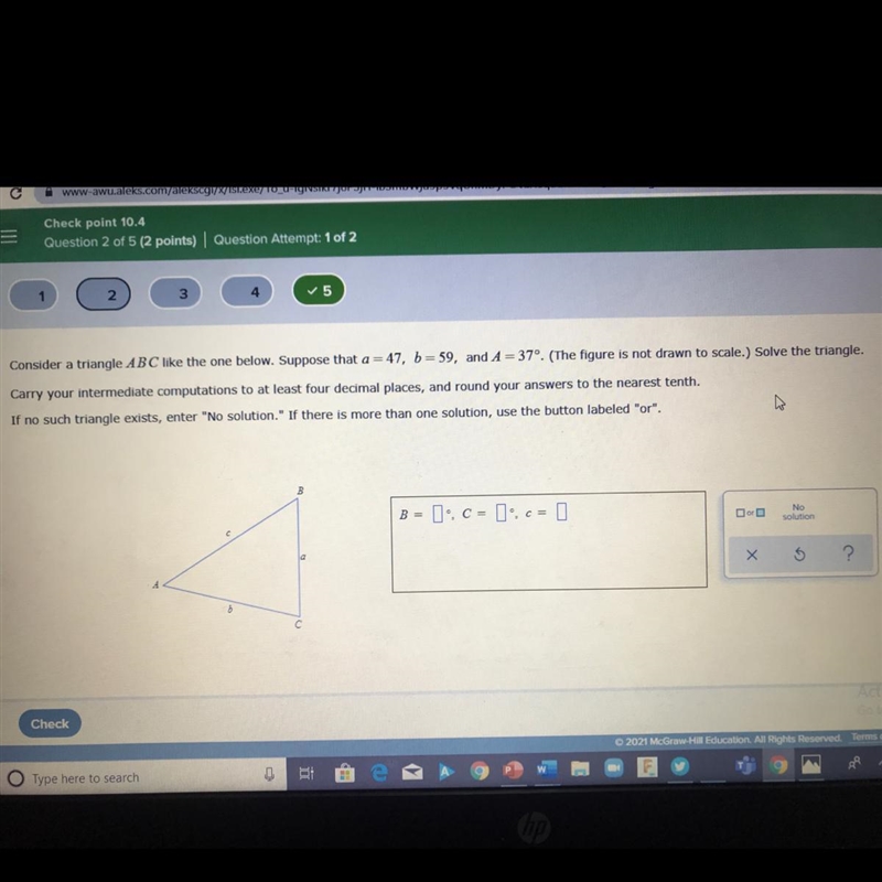 Consider a triangle ABC like the one below. Suppose that a = 47, b = 59, and A = 37&quot-example-1