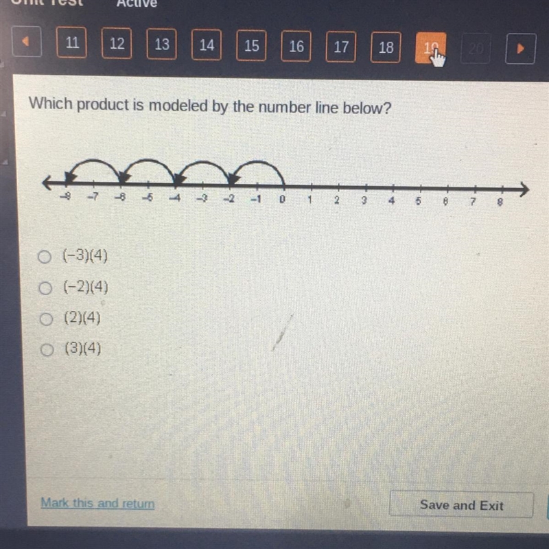 Which product is modeled by the number line below? 2 3 4 5 B 7 8 (-3)(4) (-2)(4) (2)(4) (3)(4)-example-1