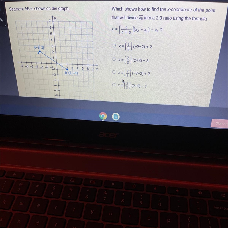 Segment AB is shown on the graph. Which shows how to find the x-coordinate of the-example-1