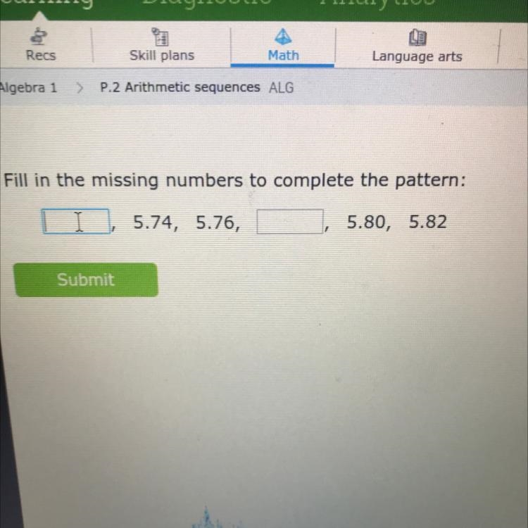 Fill in the missing numbers to complete the pattern: 5.74, 5.76, 5.80, 5.82-example-1