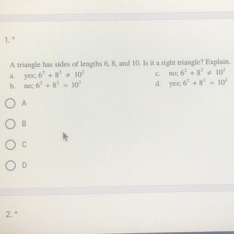 A triangle has sides of lengths 6,8,and 10. Is it a right triangle ?-example-1