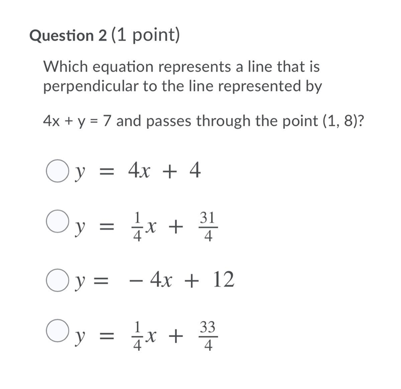 4x + y = 7 and passes through the point (1, 8)? Plz hurry!!!!!!!-example-1