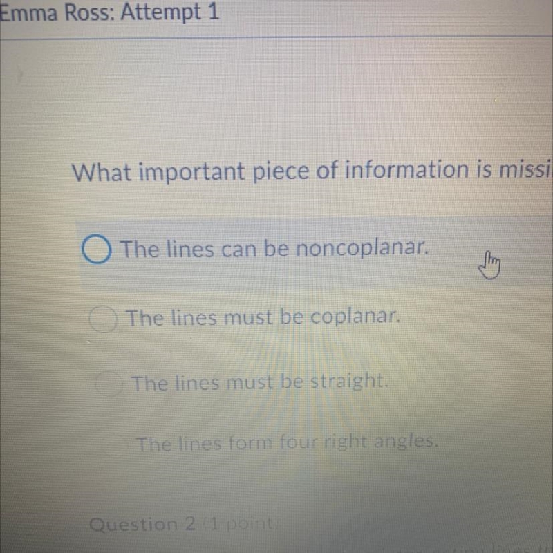 Shea asked Marshall what parallel lines are. Marshall responded, "They are lines-example-1