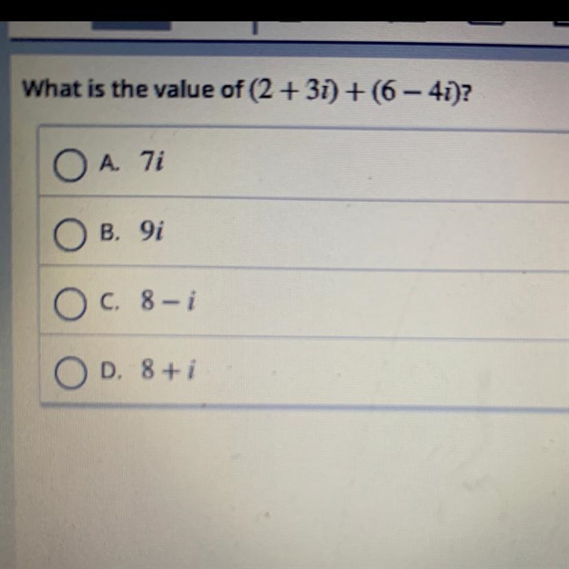 What is the value of (2 + 3i) + (6 - 4i)?-example-1