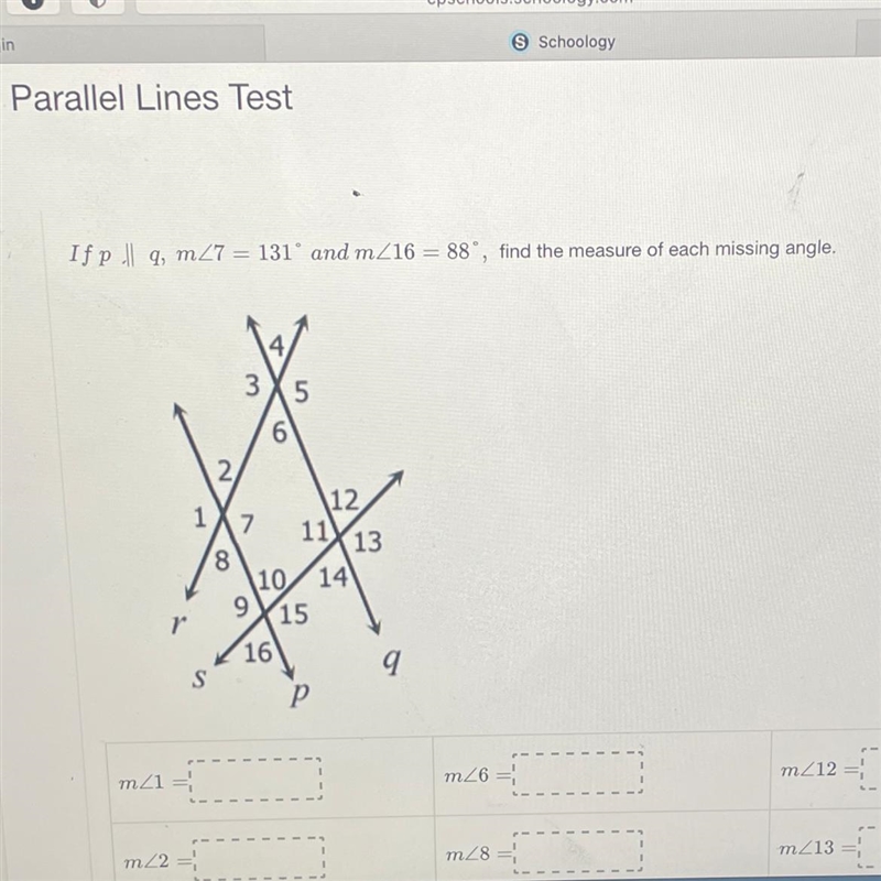 Ifp || q, m27 = 131° and m/16 = 88°, find the measure of each missing angle. 3X5 6 2 12 1 7 11 13 8 10/14 9 15 16V-example-1