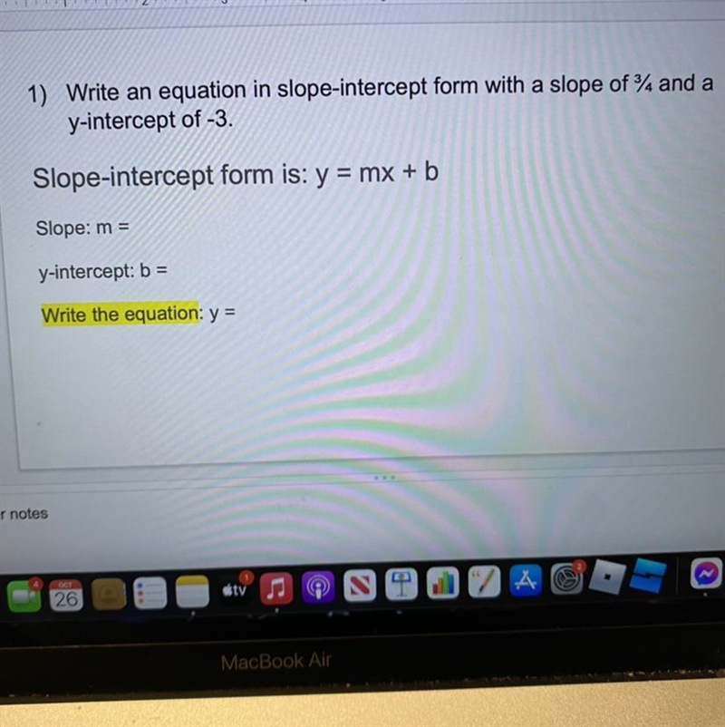 1) Write an equation in slope-intercept form with a slope of 94 and a y-intercept-example-1