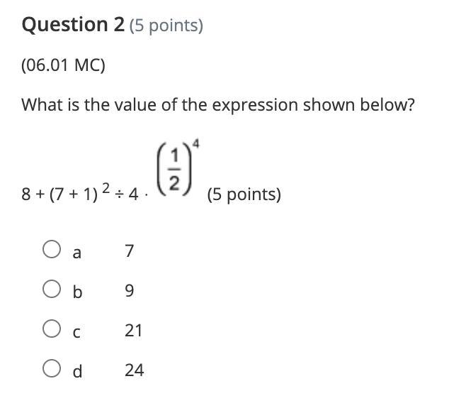 Solve: 8 + (7 + 1) ^2 ÷ 4 ⋅ 1/2^4-example-1