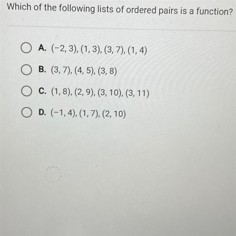 Which of the following lists of ordered pairs is a function?-example-1