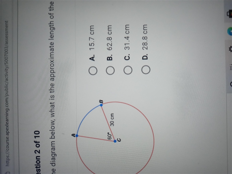 In the diagram below, what is the approximate length of the minor arc AB?-example-1