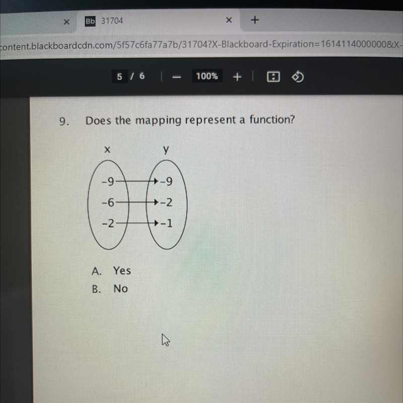 9. Does the mapping represent a function? х у -9 -9 -6 -2 -2 -1 A. Yes B. No-example-1