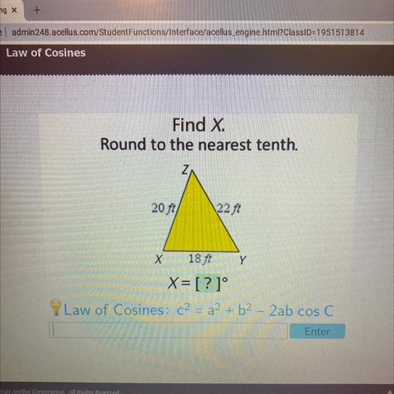 Find X. Round to the nearest tenth. Z 20 ft 22ft X 18 ft Y X= [?]°-example-1