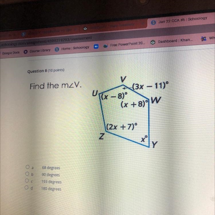 Find the mzV. y (3x - 11) (x - 8)° U (x +8°W \(2x +70° Z 7 Y-example-1