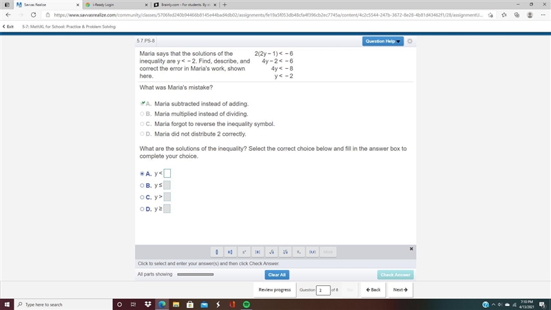 Maria says that the solutions of the inequality are y. ​Find, describe, and correct-example-1