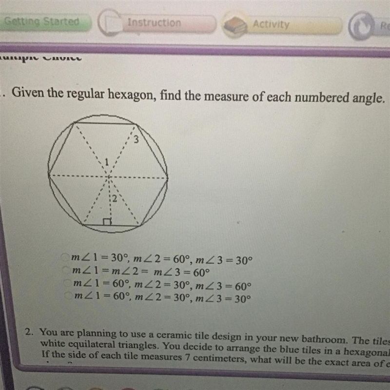 20 points!!!! Given the regular hexagon, find the measure of each numbered angle. m-example-1