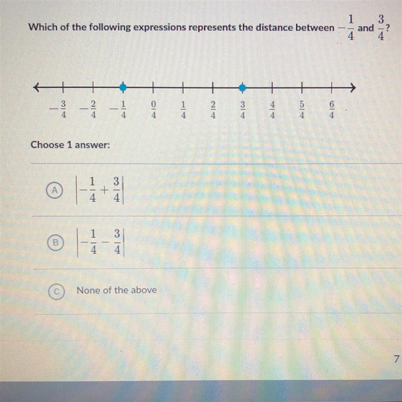 Which of the following expressions represents the distance between-1/4 and 3/4-example-1