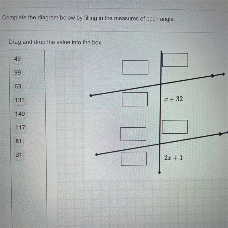 Complete the diagram below by filling in the measures of each angle-example-1