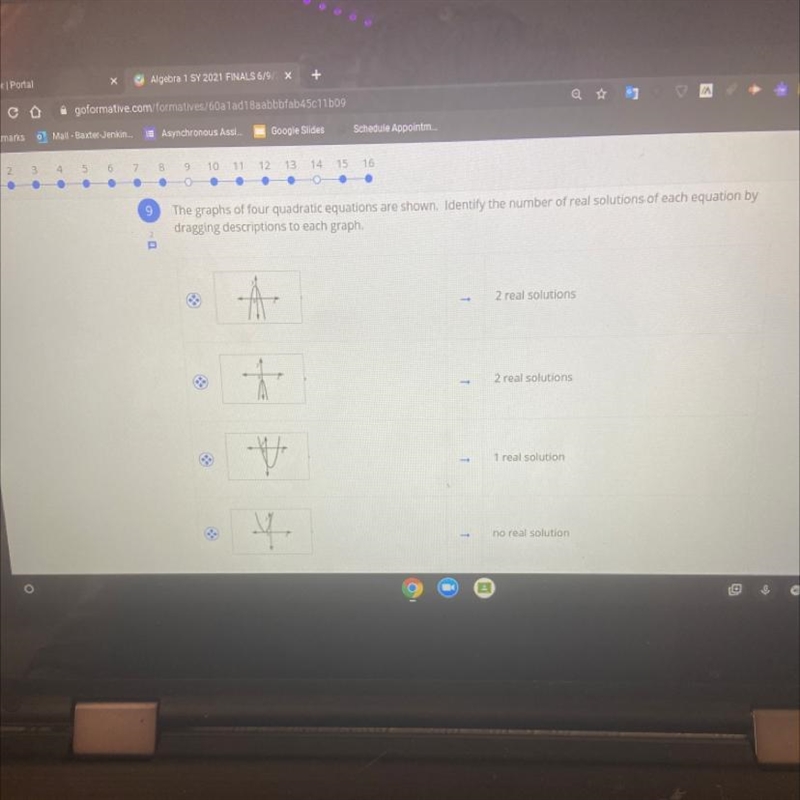 The graphs of four quadratic equations are shown. Identify the number of real solutions-example-1