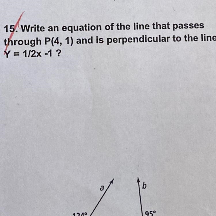 Write an equation of the line that passes through p(4,1) and is perpendicular to the-example-1