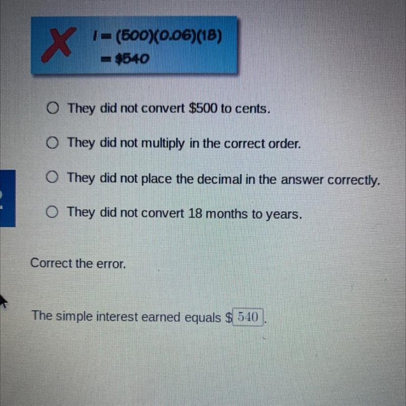 Which best describes the error in finding the simple interest earned on $500 at 6% for-example-1