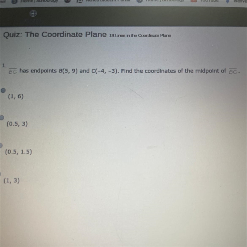 BC has endpoints B(5,9) and C(-4,-3). Find the coordinates of the midpoint of BC. I-example-1