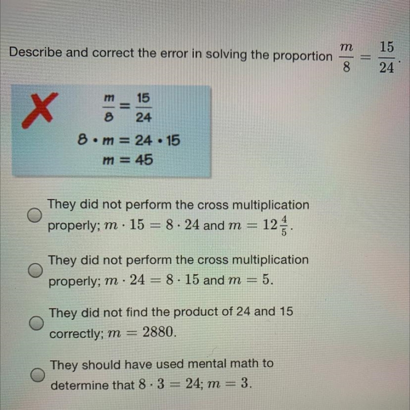 Describe and correct the error in solving the proportion?-example-1