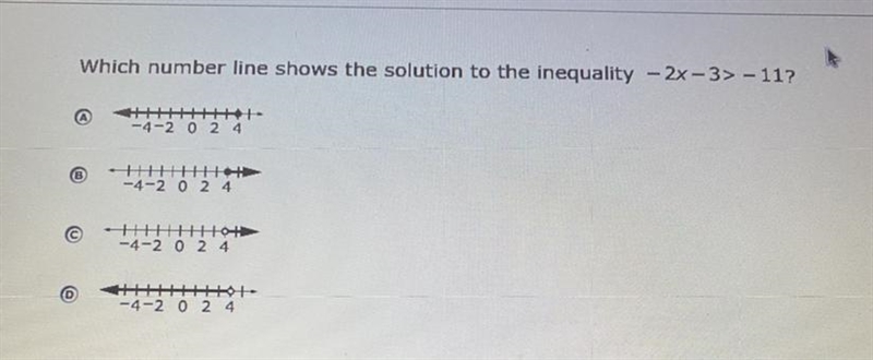 Which number line shoes the solution to the inequality -2x-3>-11?-example-1