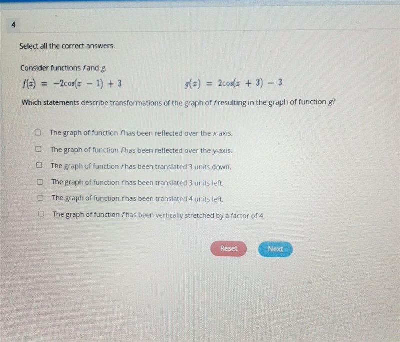 Select all the correct answers, Consider functions and g. /(x) = –2008(– 1) + 3 g-example-1