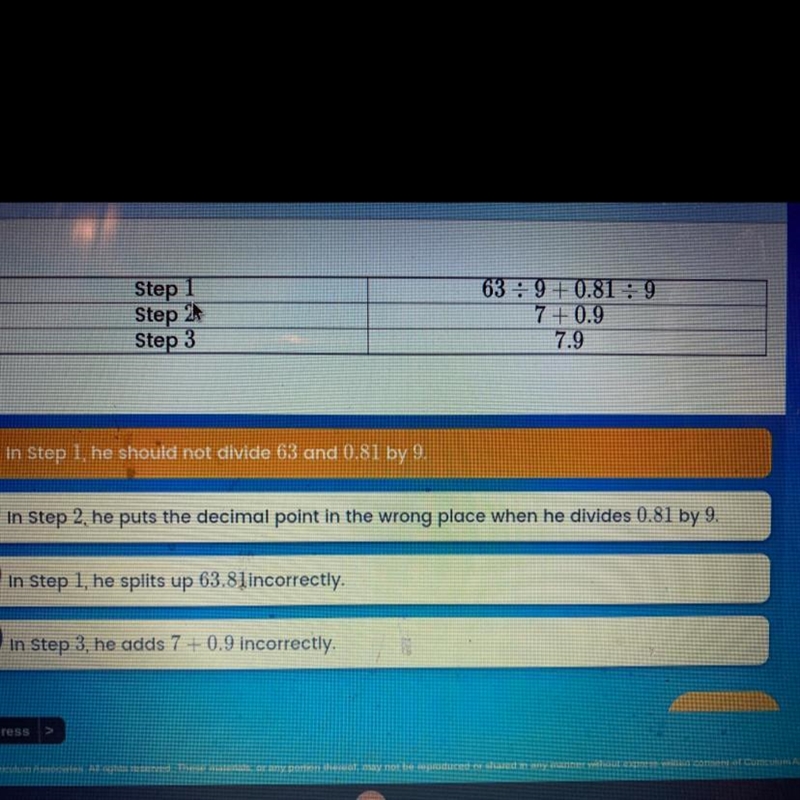 Oscar use this place value to divide 63.81 by 9. His steps are shown below. What mistake-example-1