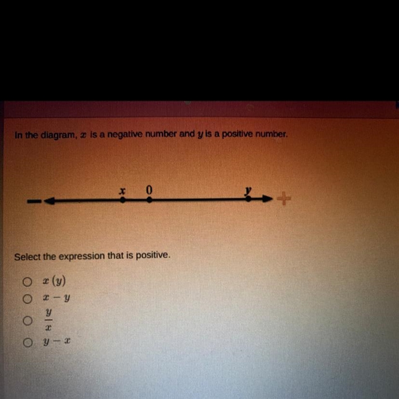 In the diagram, x is a negative number and y is a positive number. Select the expression-example-1