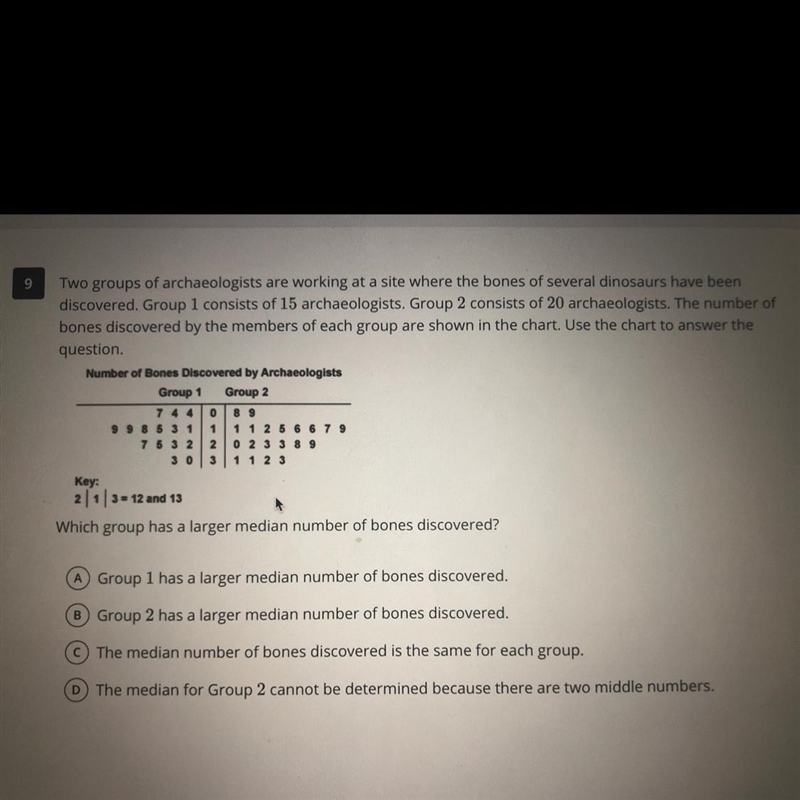 Which group has a larger median number of bones discovered?-example-1