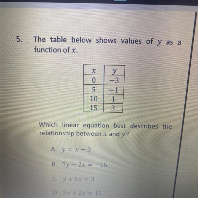 Which linear equation best describes the relationship between x and y?-example-1