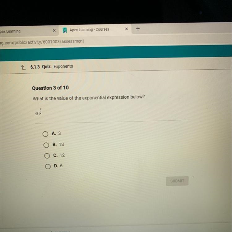 What is the value of the exponential expression below? 1 363 A. 3 B. 18 C. 12 O D-example-1