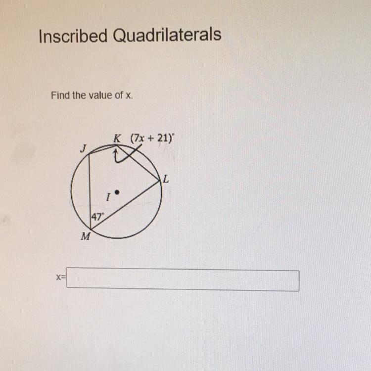 Find the value of x. K (7x + 21) J L 147 M X=-example-1