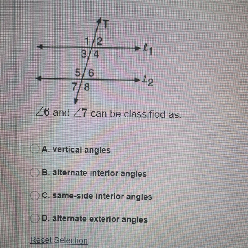 <6 and <7 can be classified as? a. vertical angles b. alternate interior angles-example-1