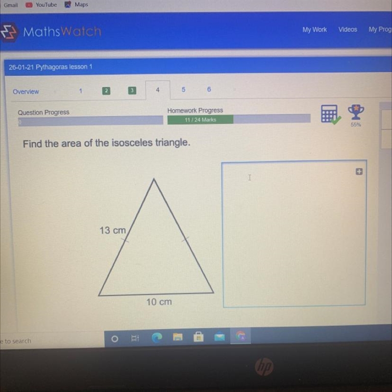 Find the area of the isosceles triangle. 13 cm is the side length 10 cm is the base-example-1