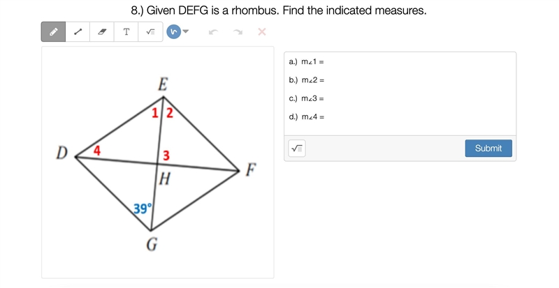 Given DEFG is a rhombus. Find the indicated measures.-example-1