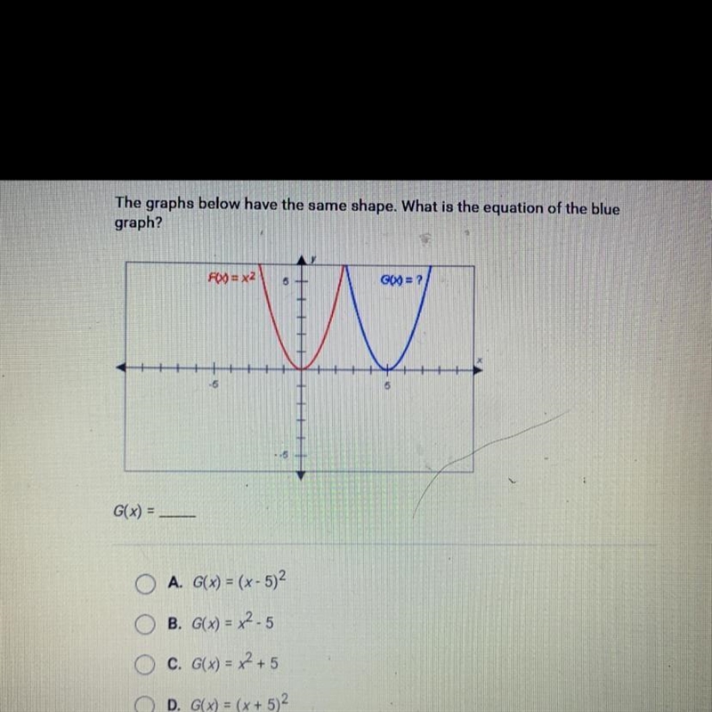 The graphs below have the same shape. What is the equation of the blue graph ?-example-1