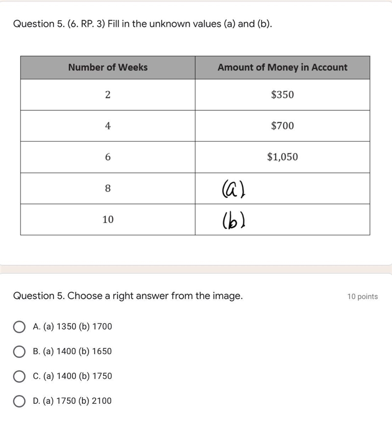 Number of weeks and amount of money in account chart-example-1