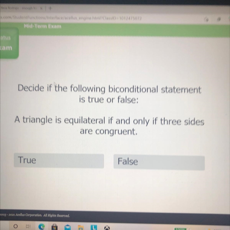 Decide if the following biconditional statement is true or false; A triangle is equilateral-example-1