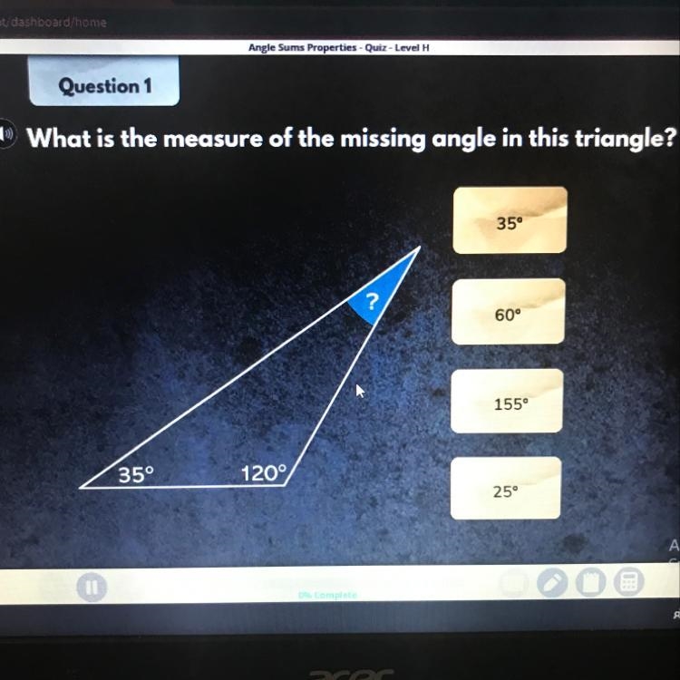 What is the measure of the missing angle in this triangle? 35° 60° 155° 25°-example-1