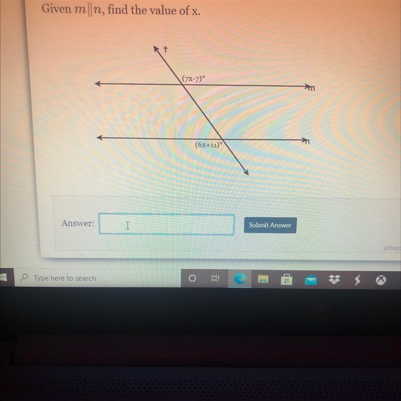 Given m||n, find the value of x. + (7x-7)° m (6x+11)°-example-1