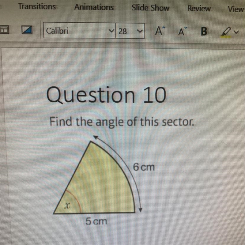 Find the angle of this sector. 6 cm NEED ASAP 5 cm-example-1