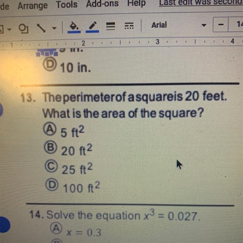 The perimeterof a squareis 20 feet. What is the area of the square?-example-1