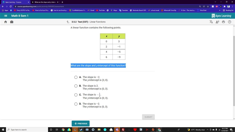 What are the slope and y-intercept of this function?-example-1