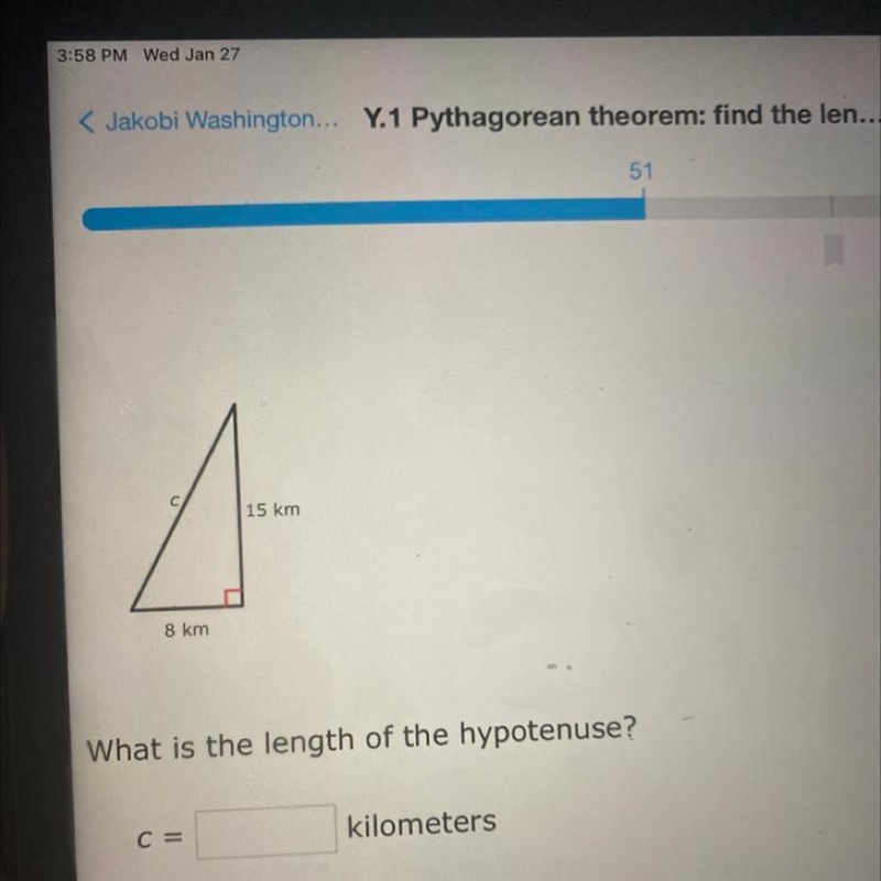 С 15 km 8 km What is the length of the hypotenuse? kilometers C=-example-1