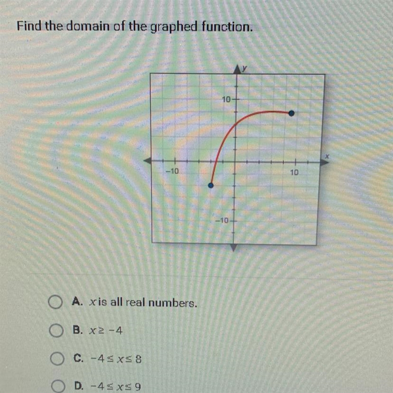 Find the domain of the graphed function. 10 -10 10 10 A. x is all real numbers. B-example-1