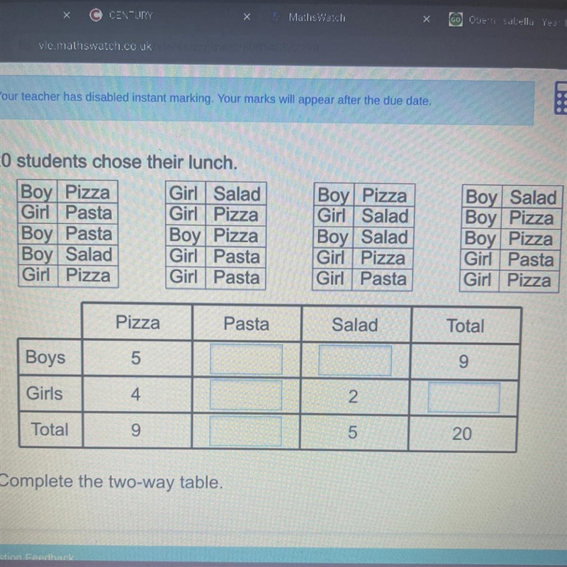 20 students chose their lunch. Boy Pizza Girl Salad Girl Pasta Girl Pizza Boy Pasta-example-1