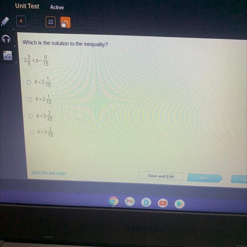 Which is the solution to the inequality? 3 8 15 o b< 2 1 15 Ob>27 o b<3 77 O-example-1