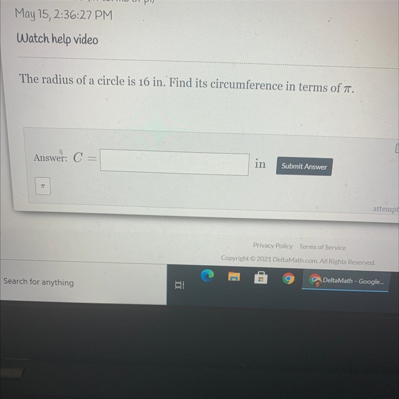 The diameter is a circle is 16cm. Find it’s circumference in terms of π. C= ________cm-example-1