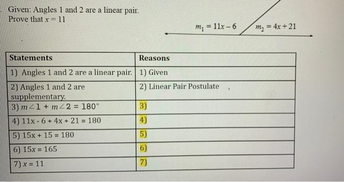 Pls help!! given: angles 1 and 2 are a linear pair prove that x=11-example-1